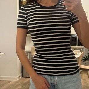 Tommy Hilfiger Black and White Striped Short Sleeve Crewneck Tee